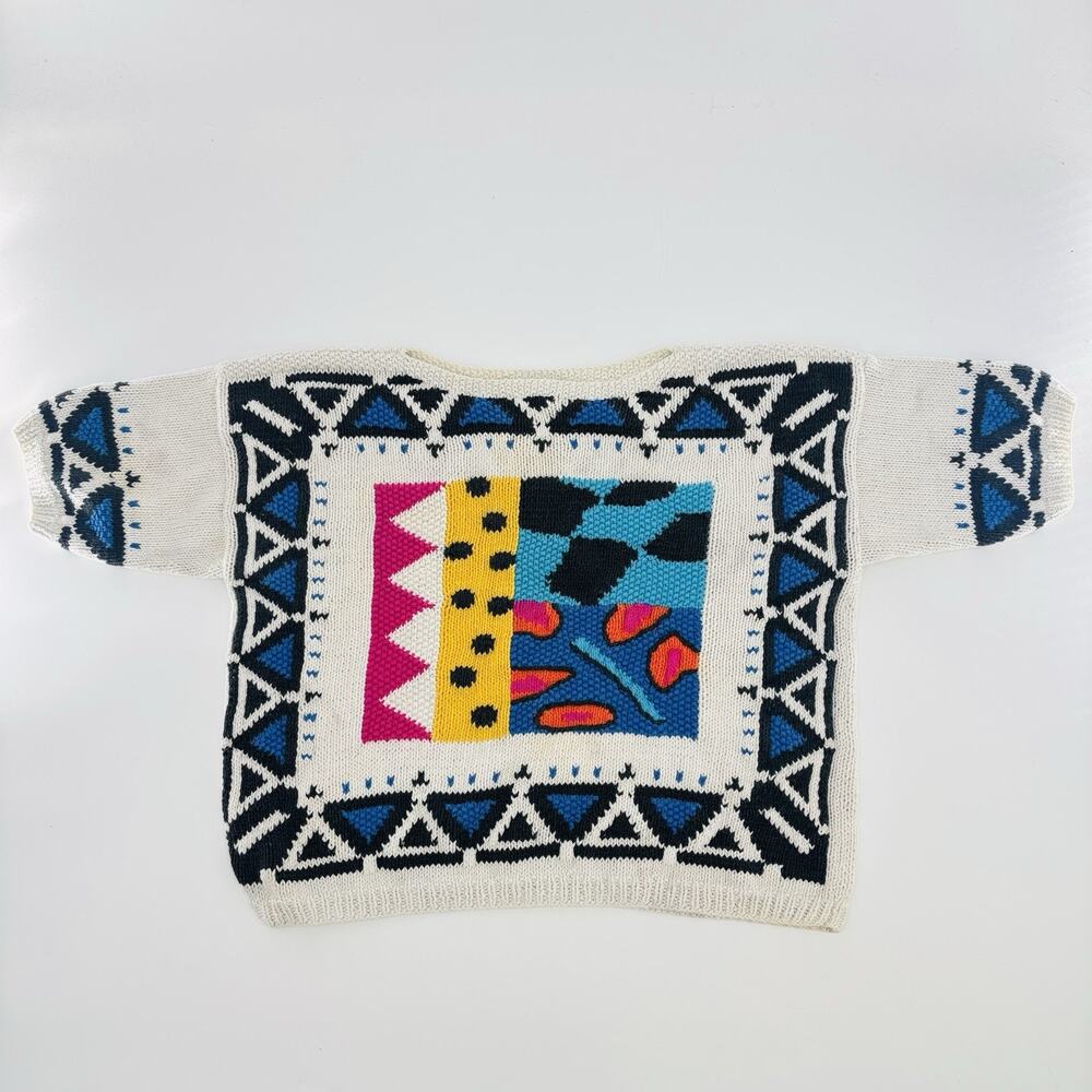 Vintage Jennifer Reed Hand Knit Sweater Women Boxy Multicolor Colorful 80s VTG